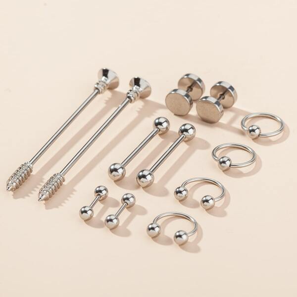 

6pairs Men Round Ball Decor Earrings, Silver