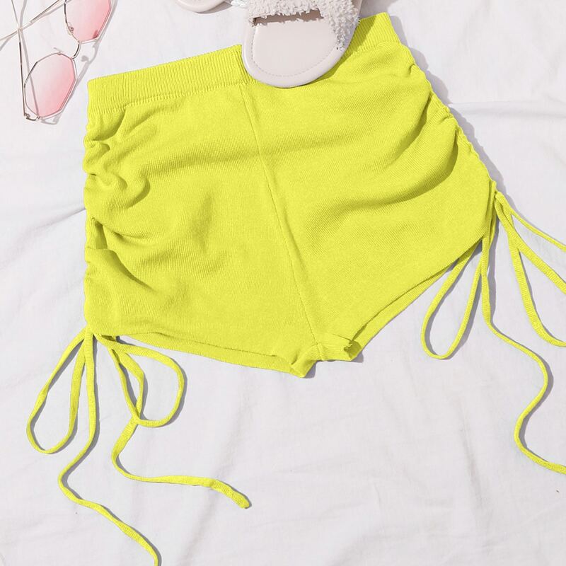 

Neon Yellow Drawstring Ruched Knit Shorts, Yellow neon