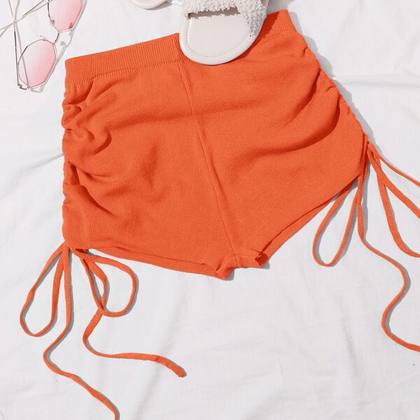 

Neon Orange Drawstring Ruched Knit Shorts, Orange neon