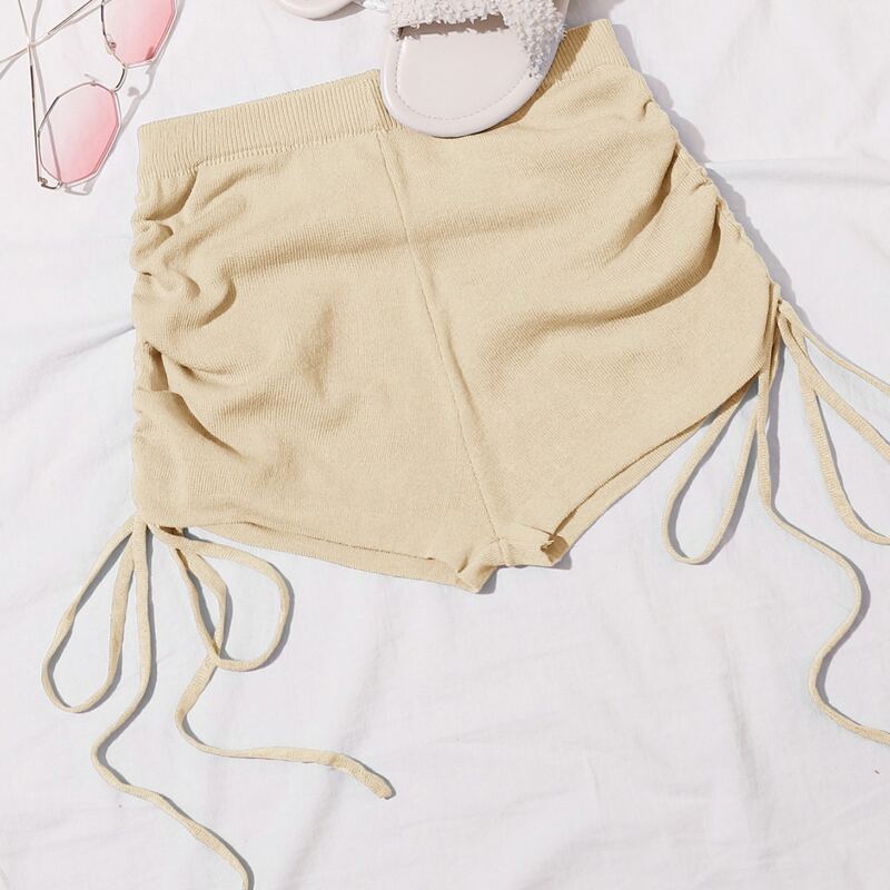 

Drawstring Ruched Knit Shorts, Khaki