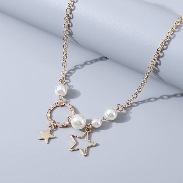 

Faux Pearl Star Charm Necklace, Gold