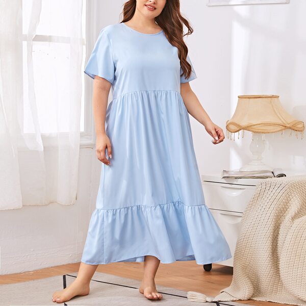 

Plus Solid Ruffle Hem Smock Night Dress, Baby blue