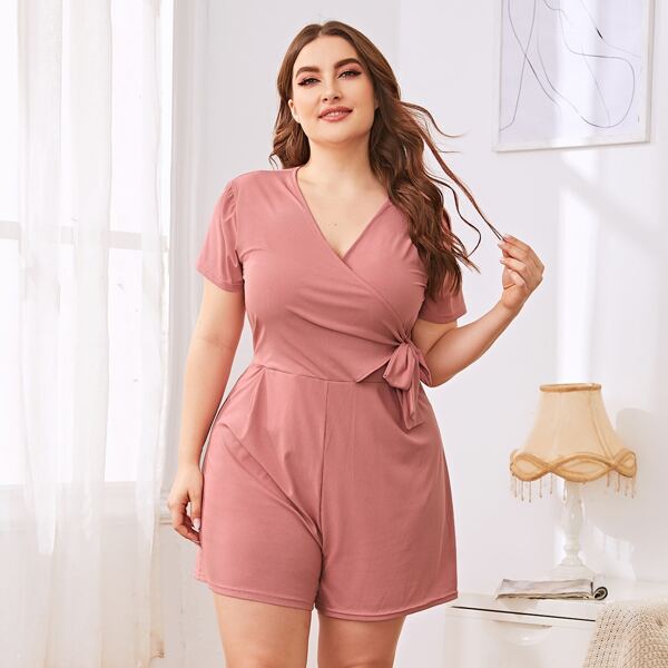 

Plus Solid Wrap Tie Side Romper, Dusty pink