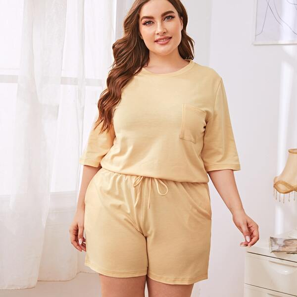 

Plus Solid Round Neck Tee With Knot Shorts PJ Set, Apricot