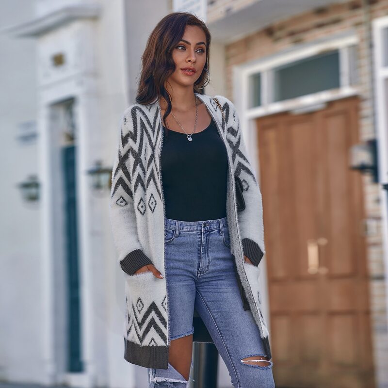 

Chevron & Geo Pattern Fluffy Knit Cardigan, Multicolor
