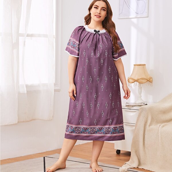 

Plus Floral Print Contrast Lace Bow Front Night Dress, Purple