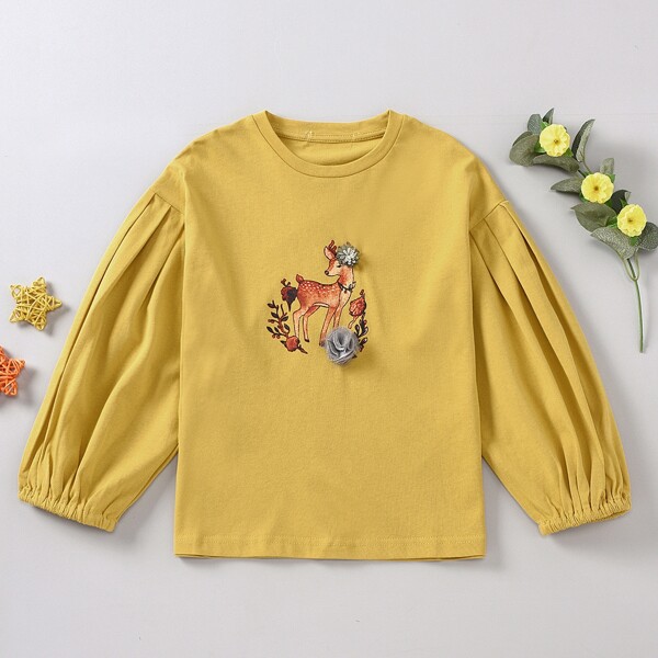 

Girls Appliques Deer Print Sweatshirt, Yellow