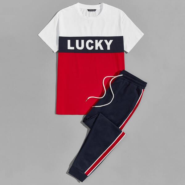 

Men Letter Graphic Colorblock Tee and Striped Side Sweatpants Set, Multicolor