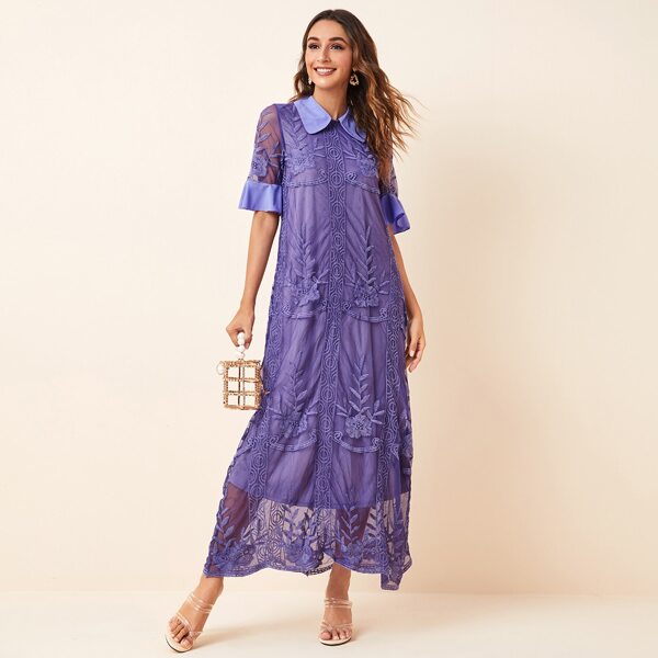 

Flounce Sleeve Random Embroidered Mesh Overlay Dress, Violet purple