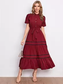 Mulvari Puff Sleeve Ruffle Hem Self Tie Shirt Dress - Burgundy - View 1