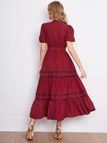 Mulvari Puff Sleeve Ruffle Hem Self Tie Shirt Dress - Burgundy - View 2