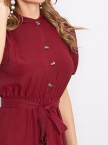 Mulvari Puff Sleeve Ruffle Hem Self Tie Shirt Dress - Burgundy - View 3