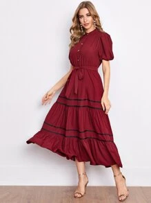 Mulvari Puff Sleeve Ruffle Hem Self Tie Shirt Dress - Burgundy - View 4