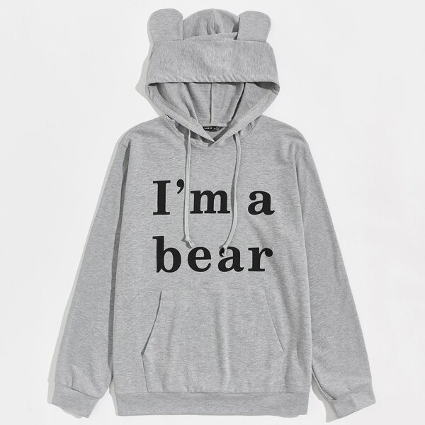 

Men Slogan Graphic Pocket Front Hoodie With Bear Ear, Light grey