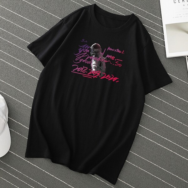 

Men Letter & Astronaut Print Tee, Black