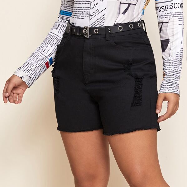 

Plus Raw Hem Ripped Denim Shorts Without Belt, Black