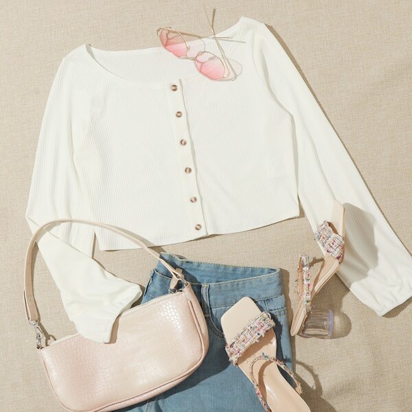 

Solid Button Up Crop Tee, Beige