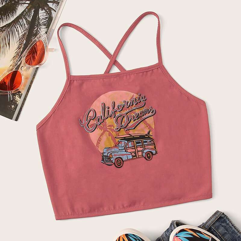 

Car Graphic Lace Up Back Cami, Dusty pink