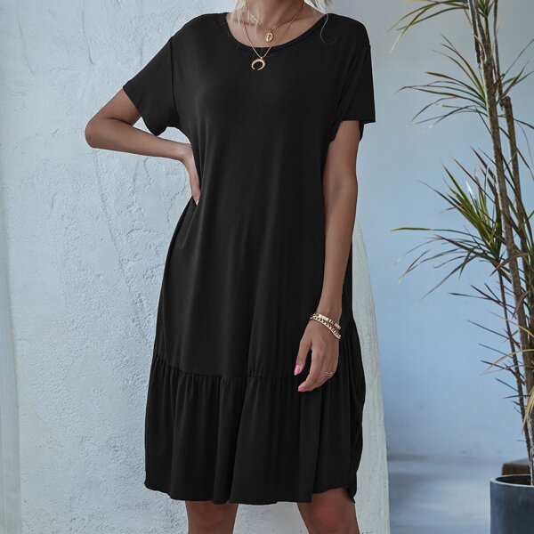 

Solid Ruffle Hem Babydoll Dress, Black