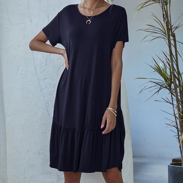 

Solid Ruffle Hem Babydoll Dress, Navy blue