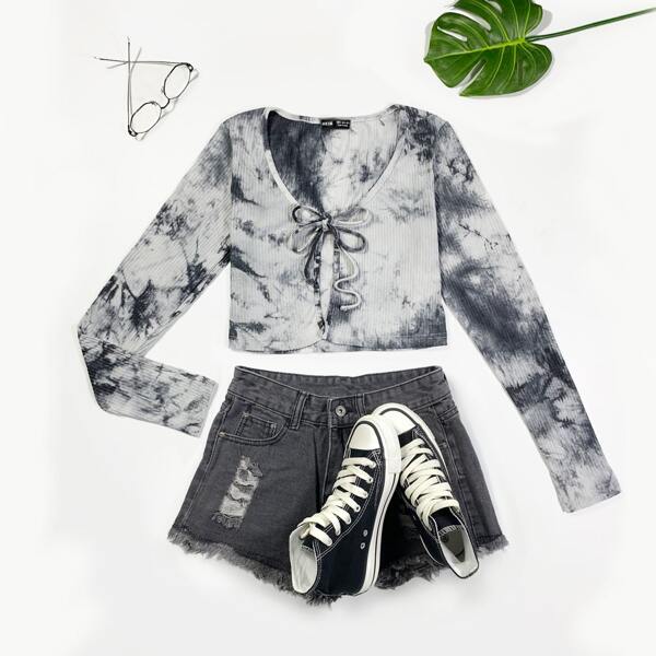 

Tie Dye Tie Front Crop Top, Grey