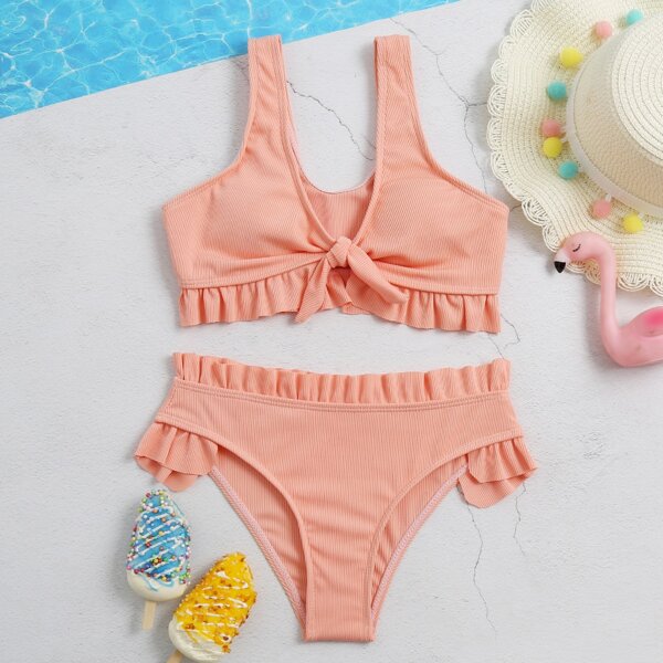 

Girls Rib Knot Front Ruffle Bikini Swimsuit, Coral pink