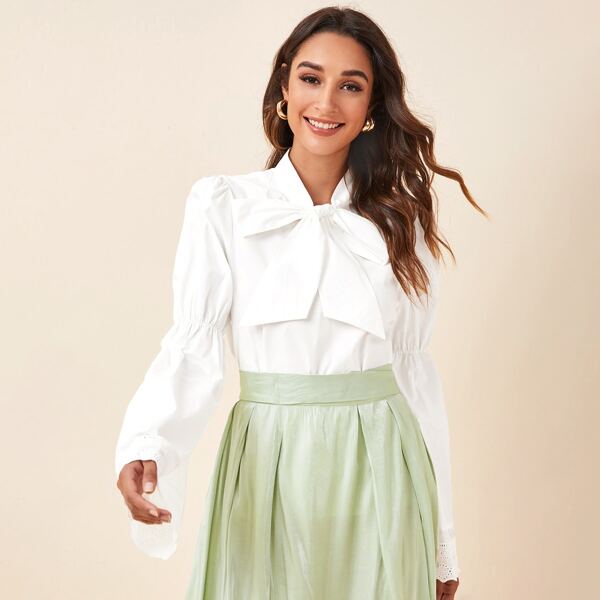 

Tie Neck Flounce Sleeve Solid Top, White