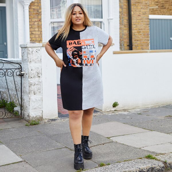 

Plus Letter Graphic Spliced Tee Dress, Multicolor