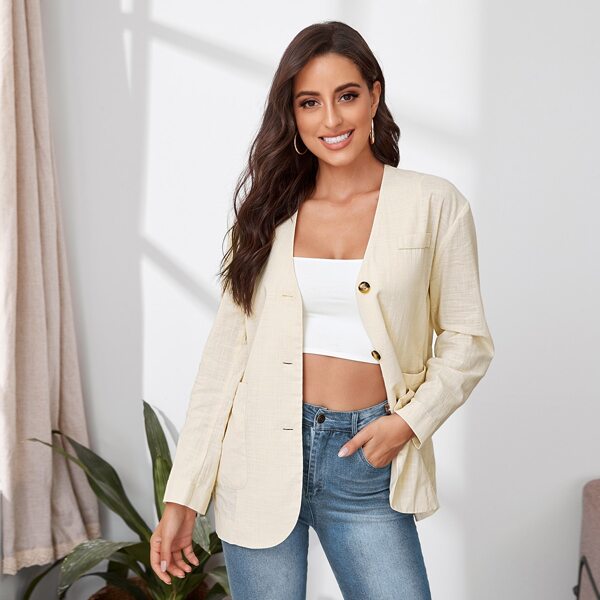 

Button Front Patch Pocket Slit Hem Coat, Beige