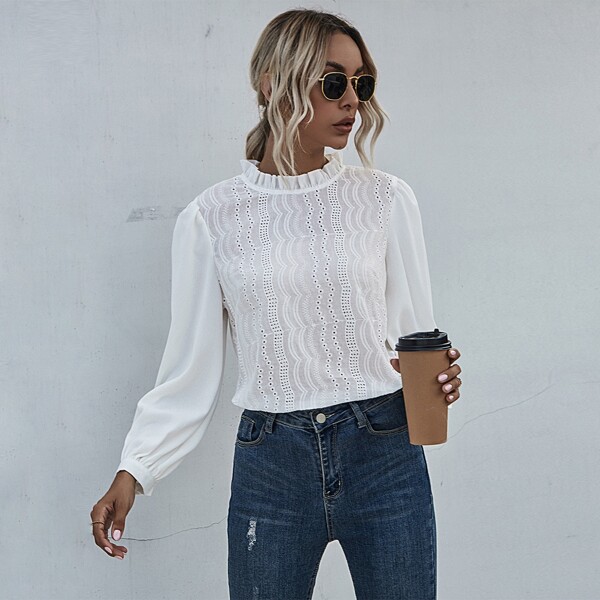 

Eyelet Embroidery Frill Neck Blouse, White