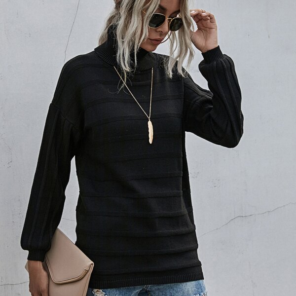 

Solid Turtleneck Drop Shoulder Sweater, Black