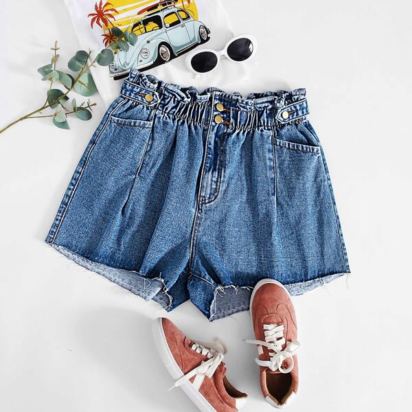 

Plus Paperbag Waist Raw Hem Denim Shorts, Medium wash