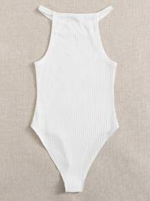 SHEIN EZwear Women'S Solid Color Rib-Knit Halter Bodysuit - White - View 2