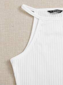 SHEIN EZwear Women'S Solid Color Rib-Knit Halter Bodysuit - White - View 3