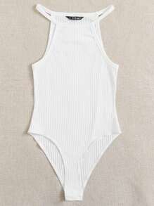 SHEIN EZwear Women'S Solid Color Rib-Knit Halter Bodysuit - White - View 4