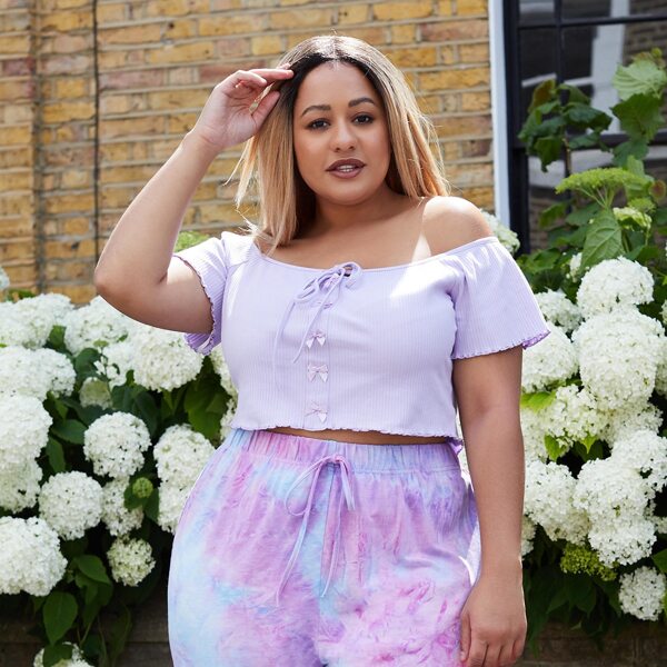 

Plus Off Shoulder Knot Detail Lettuce Trim Bow Detail Top, Pastel lilac purple