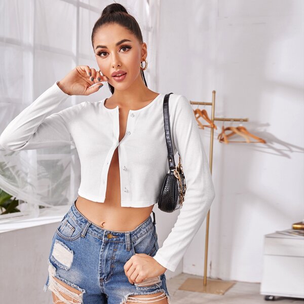 

Pearl Button Front Crop Tee, White