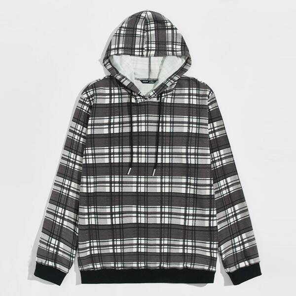 

Men Drawstring Detail Plaid Hoodie, Black and white