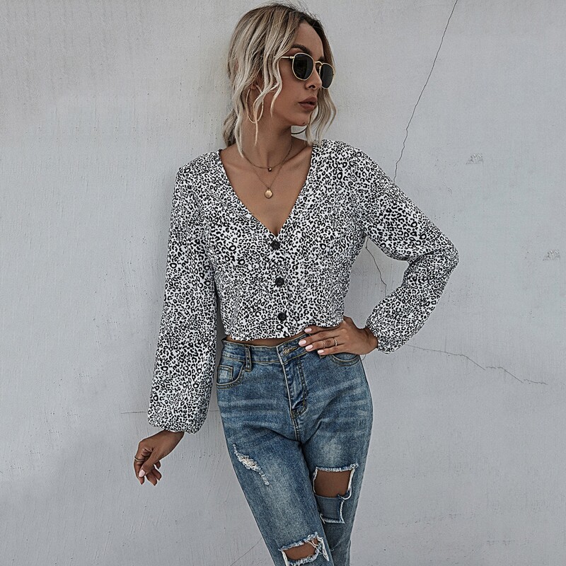 

Leopard Print Button Up Blouse, Black and white
