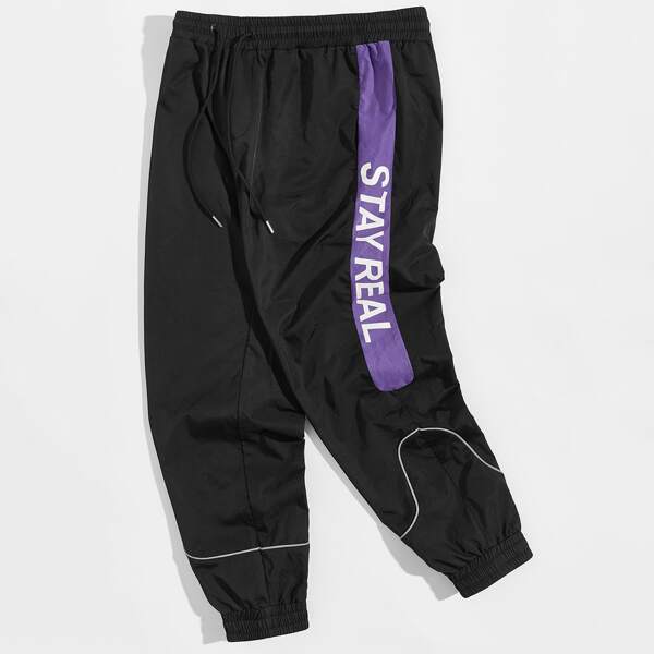 

Men Contrast Piping Slogan Graphic Wind Pants, Black