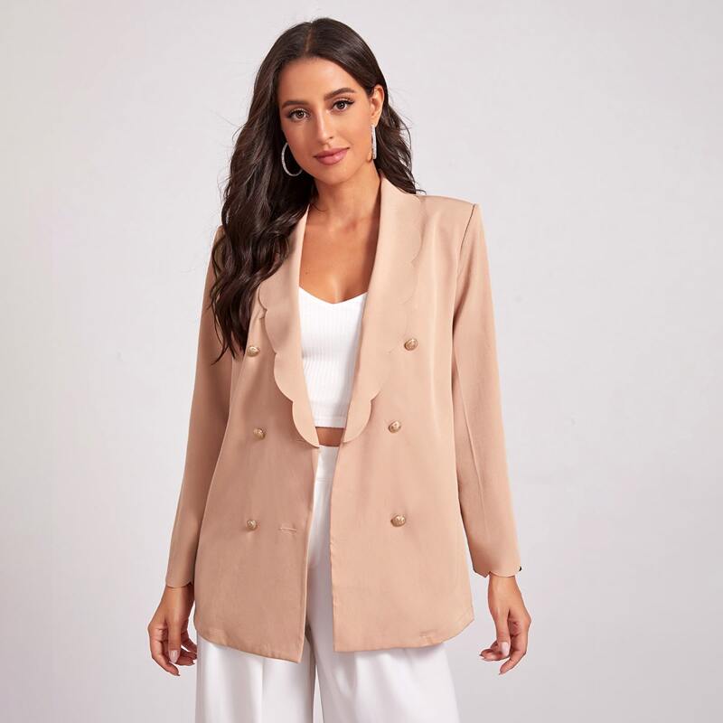 

Scallop Trim Shawl Collar Double Breasted Blazer, Pastel baby pink