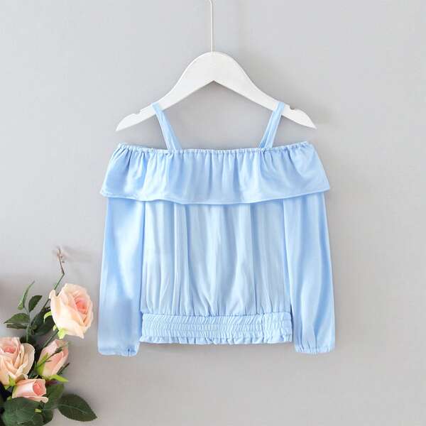 

Toddler Girls Cold Shoulder Ruffle Trim Top, Baby blue