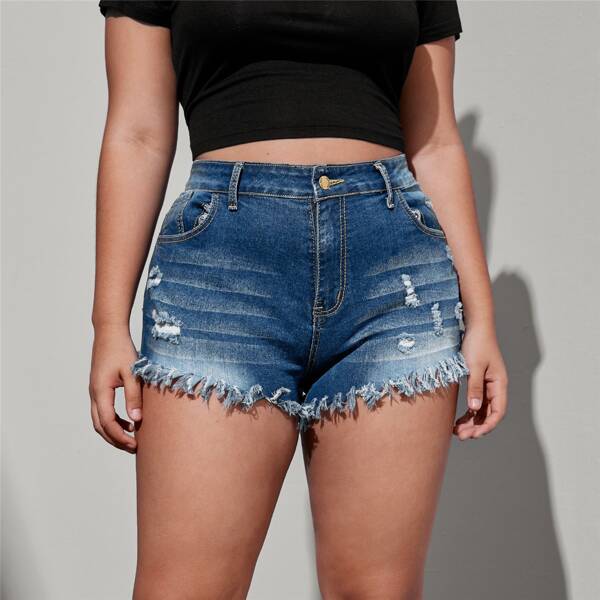 

Plus Ripped Raw Hem Denim Shorts Without Belt, Medium wash