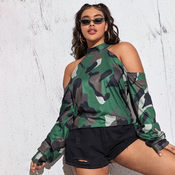 

Plus Camo Print Cold Shoulder Tee, Multicolor