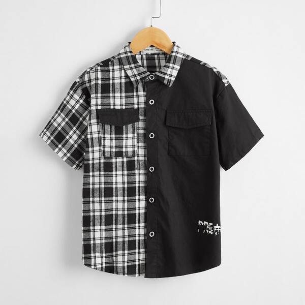 

Boys Flap Pocket Plaid Spliced Shirt, Black and white