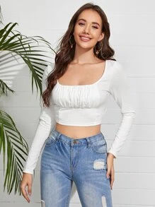 SHEIN Top corto unicolor de pecho fruncido - Blanco - Ver 3