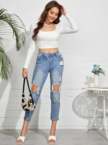 SHEIN Top corto unicolor de pecho fruncido - Blanco - Ver 4