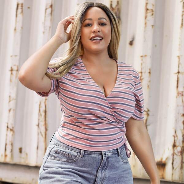 

Plus Surplice Neck Drawstring Side Striped Top, Pink