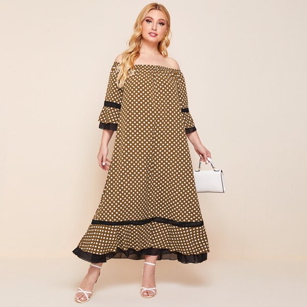 

Plus Off Shoulder Ruffle Hem Polka Dot Dress, Coffee brown