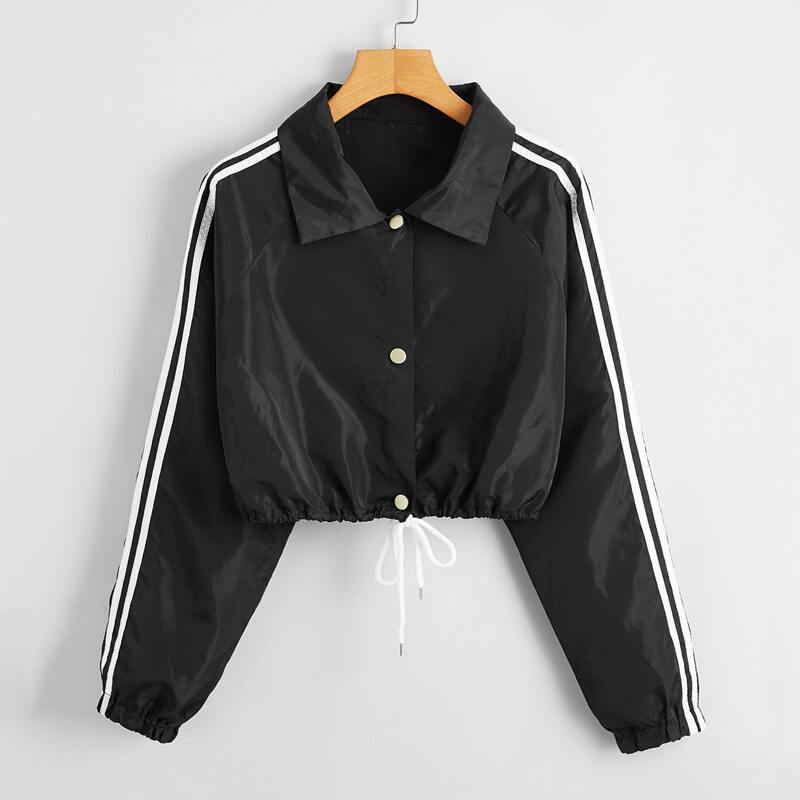 

Side Stripe Drawstring Hem Windbreaker Jacket, Black